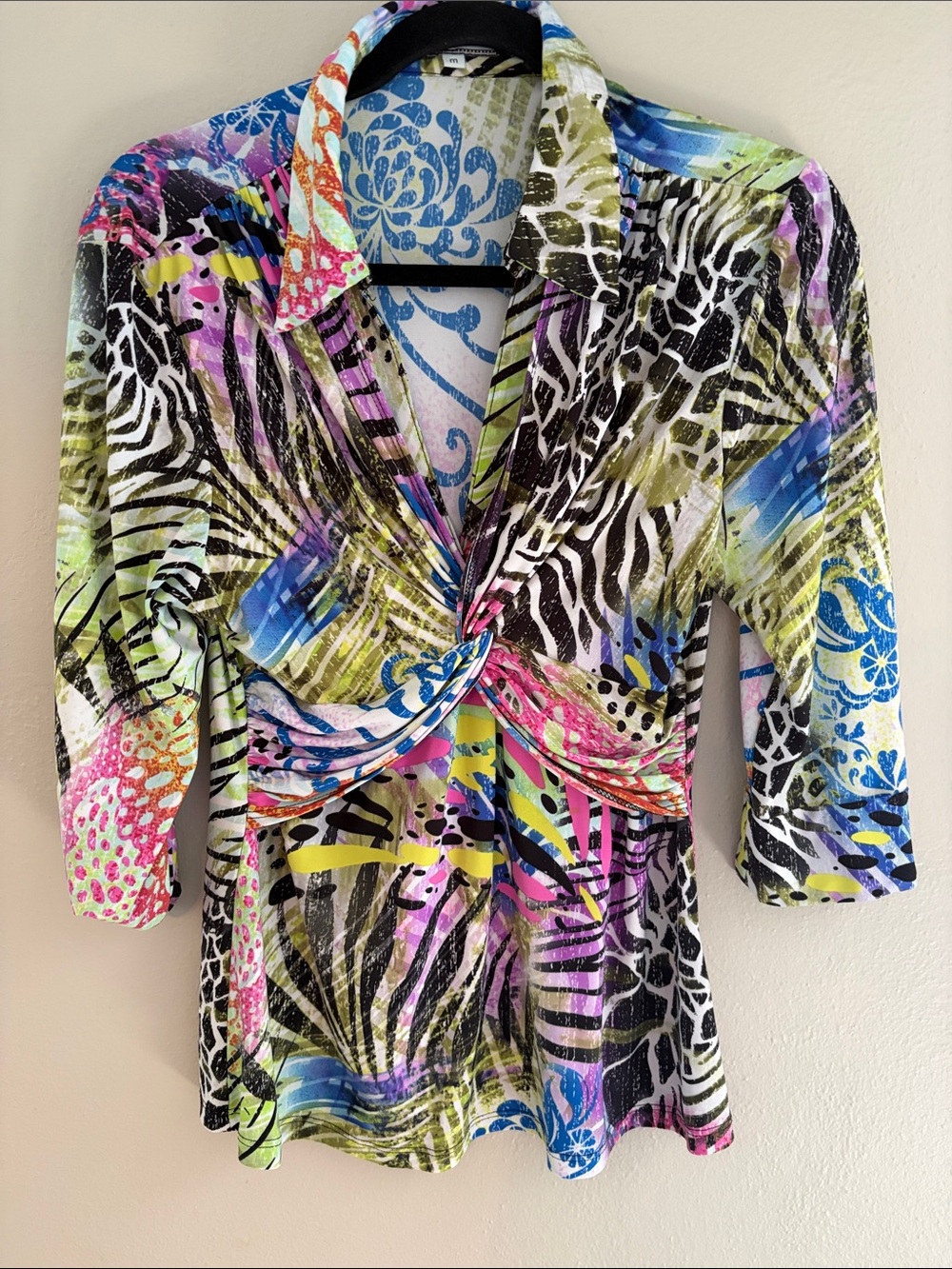 Multicolor Abstract Animal-Print Twist Front Button-Down Top